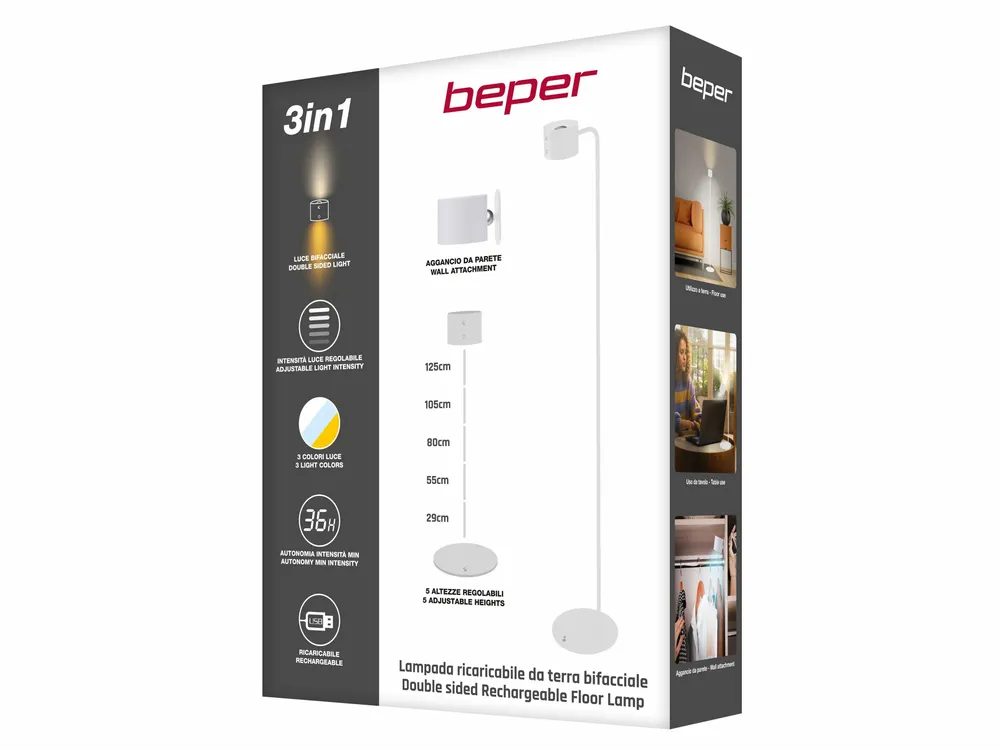 Lampes à poser - BEPER P201UTP305 Lumì lampe de sol et de table rechargeable, Hauteur réglable, Accessoire mural, Câble USB inclus, Tactile, Blanc - BEPER SRL