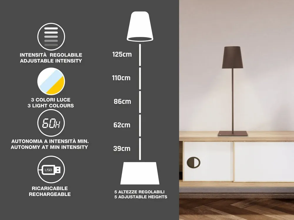 Lampes à poser - BEPER P201UTP405 XL lampadaire réglable en hauteur, câble USB type-C lampe rechargeable, 3 nuances de lumière - BEPER SRL