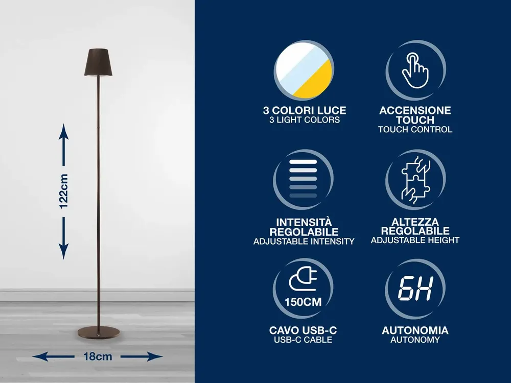 Lampes à poser - BEPER P201UTP403 Lampadaire réglable en hauteur, Lampe de bureau 2.3W, Câble USB type-C rechargeable, 3 nuances de lumière - BEPER SRL