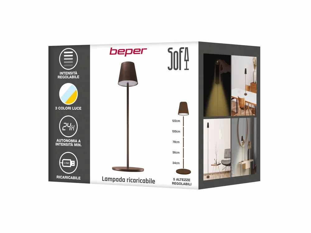 Lampes à poser - BEPER P201UTP403 Lampadaire réglable en hauteur, Lampe de bureau 2.3W, Câble USB type-C rechargeable, 3 nuances de lumière - BEPER SRL