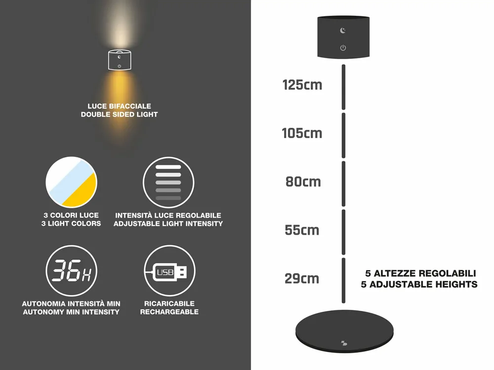 Lampes à poser - BEPER P201UTP306 Lampe rechargeable Lumì, Lampadaire et lampe de table, Hauteur réglable, Câble USB inclus, Tactile, Noir - BEPER SRL