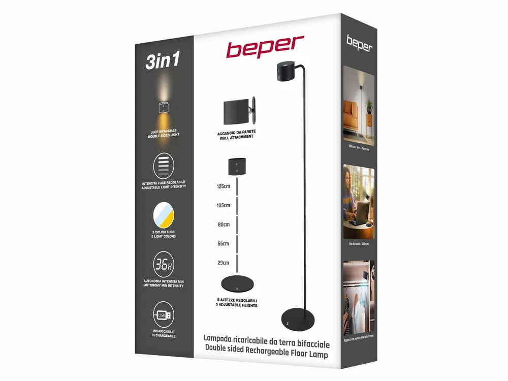 Lampes à poser - BEPER P201UTP306 Lampe rechargeable Lumì, Lampadaire et lampe de table, Hauteur réglable, Câble USB inclus, Tactile, Noir - BEPER SRL