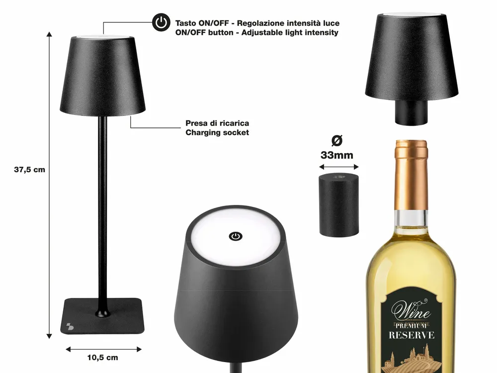 Lampes à poser - BEPER P201UTP118 2in1 Wireless Desk Lamp, Touch Desk Lamp, 1.5W, Adaptateur de bouteille inclus, Noir - BEPER SRL