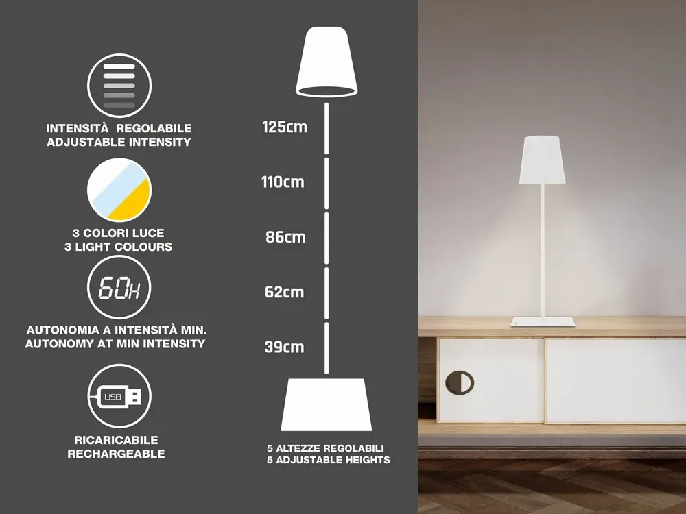 Lampes à poser - BEPER P201UTP404 Lampadaire XL à hauteur réglable, lampe rechargeable par câble USB type-C, 3 nuances de lumière, Blanc - BEPER SRL