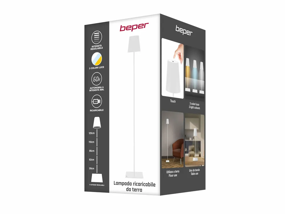 Lampes à poser - BEPER P201UTP404 Lampadaire XL à hauteur réglable, lampe rechargeable par câble USB type-C, 3 nuances de lumière, Blanc - BEPER SRL