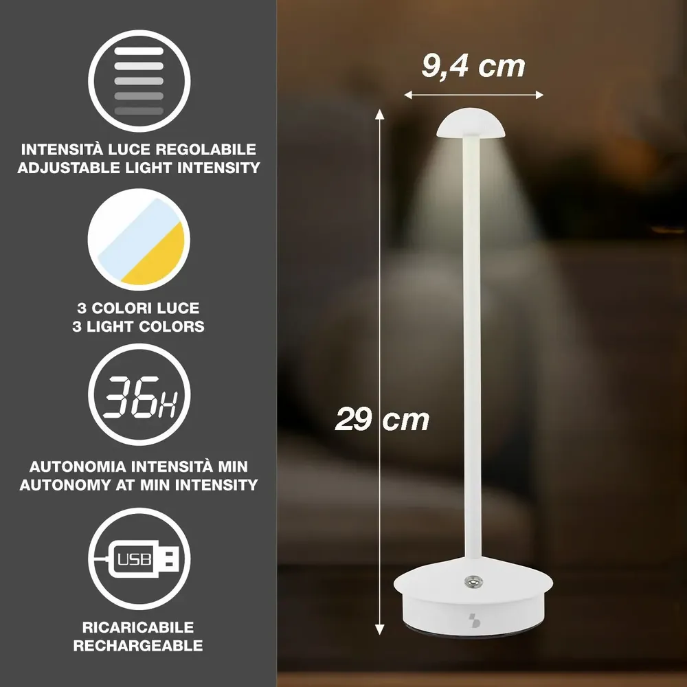 Table lamps - BEPER P207ILI154 Wireless Rechargeable Table Lamp, 3 Colour Temperatures, Dimmable, USB Type-C Included, Portable Desk Lamp - BEPER SRL