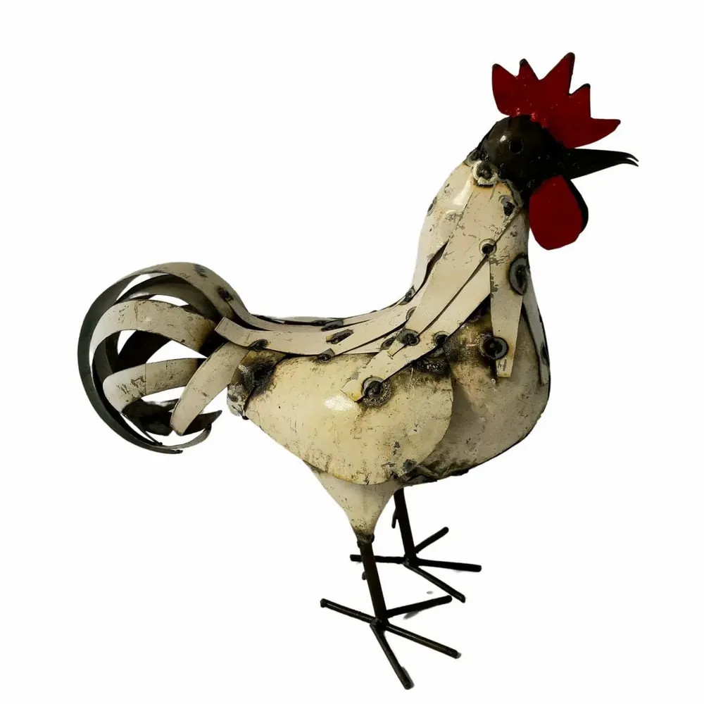 Accessoires de déco extérieure - Sculpture Métal Recyclé coq blanc plumage - TERRE SAUVAGE