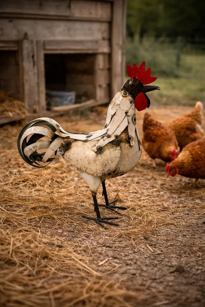 Accessoires de déco extérieure - Sculpture Métal Recyclé coq blanc plumage - TERRE SAUVAGE