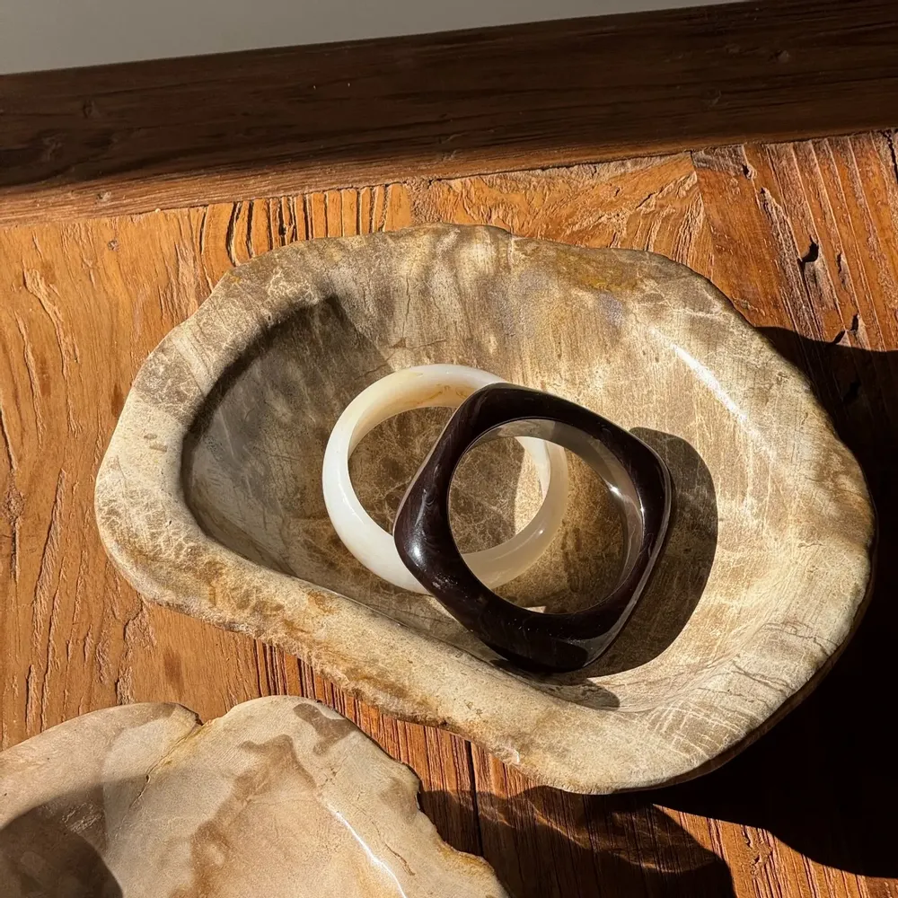 Unique pieces - Beige oval petrified wood bowl 24x19 - 3781 - OFFICE OBJETS