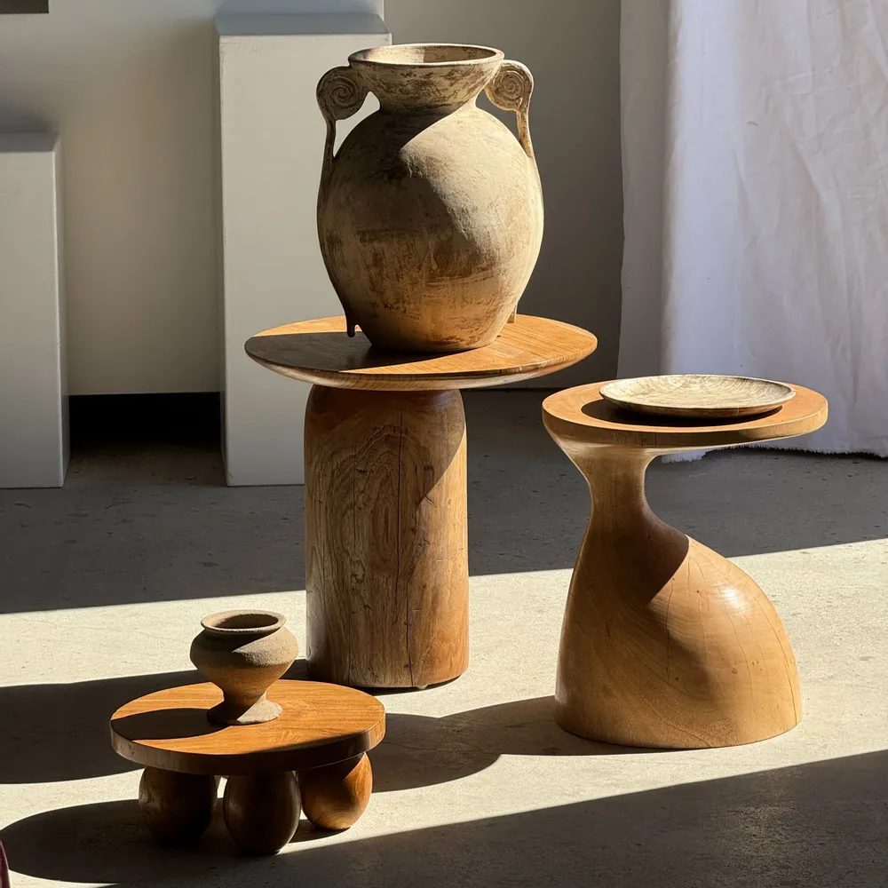 Stools - Minimalist mini stool with teak ball legs H15 D35 - OFFICE OBJETS