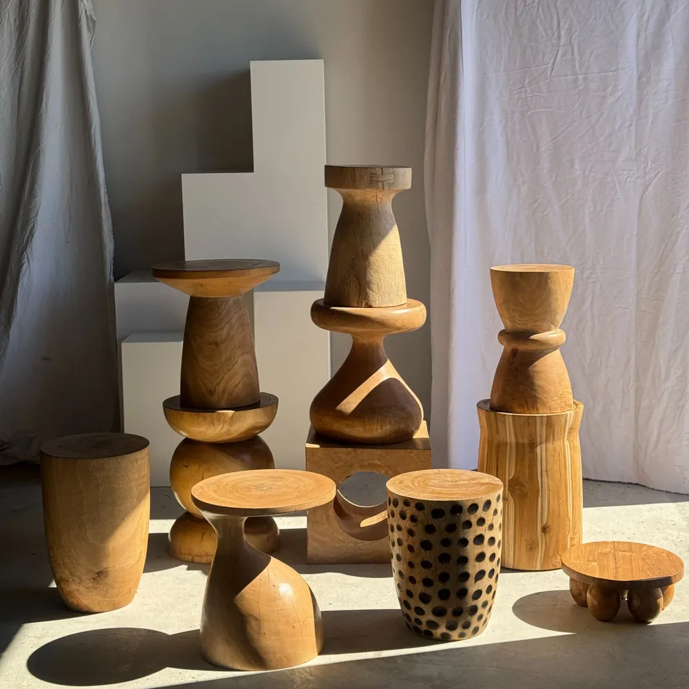 Stools - Minimalist mini stool with teak ball legs H15 D35 - OFFICE OBJETS