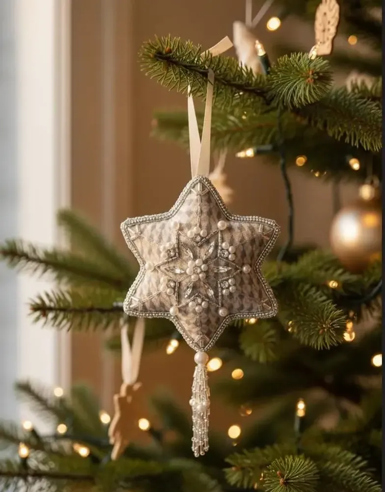 Guirlandes et boules de Noël - Décoration en forme de flocon de neige en argent étincelant, fabriquée - I WAS A SARI