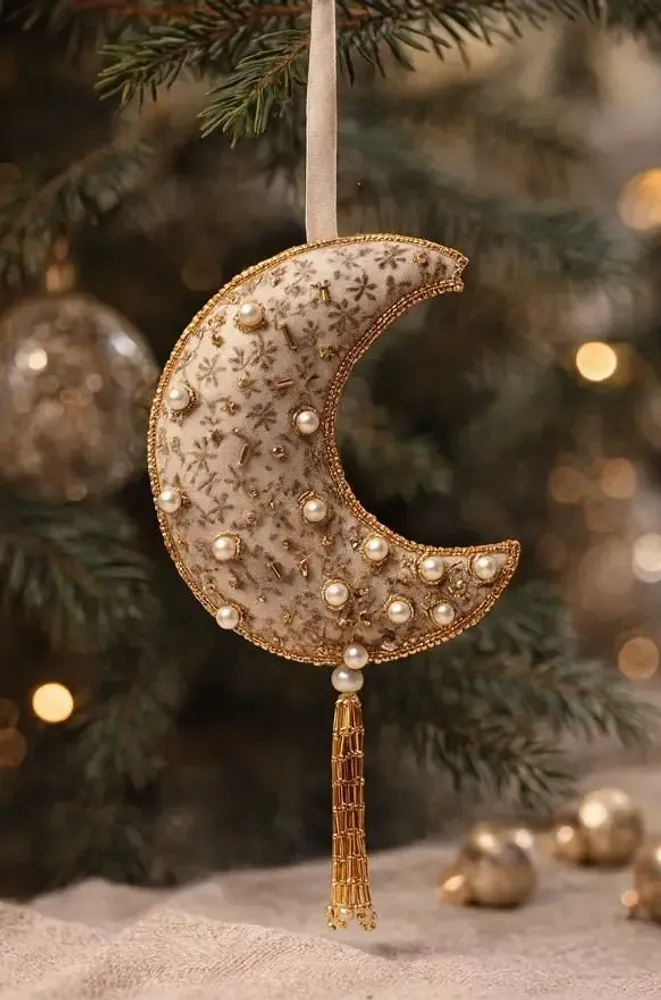 Christmas garlands and baubles - Sparkling handcrafted gold christmas crescent moon ornament - I WAS A SARI