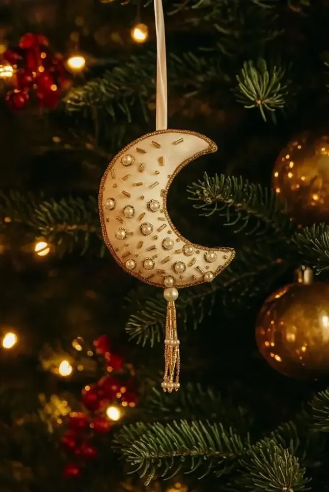 Christmas garlands and baubles - Sparkling handcrafted gold christmas crescent moon ornament - I WAS A SARI