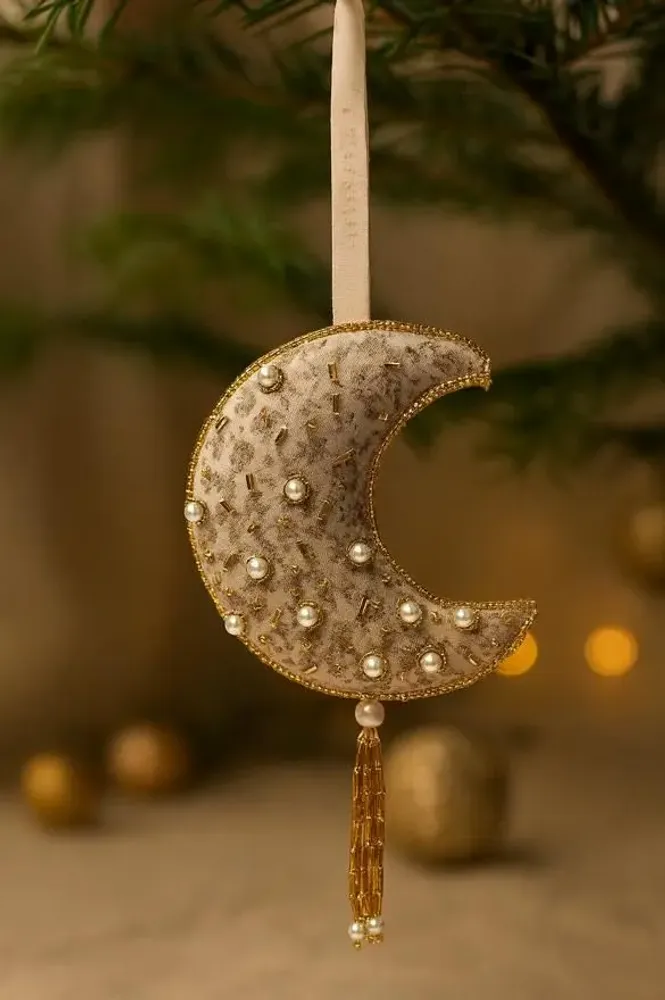 Christmas garlands and baubles - Sparkling handcrafted gold christmas crescent moon ornament - I WAS A SARI