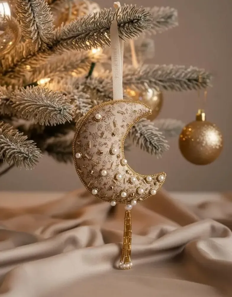 Christmas garlands and baubles - Sparkling handcrafted gold christmas crescent moon ornament - I WAS A SARI