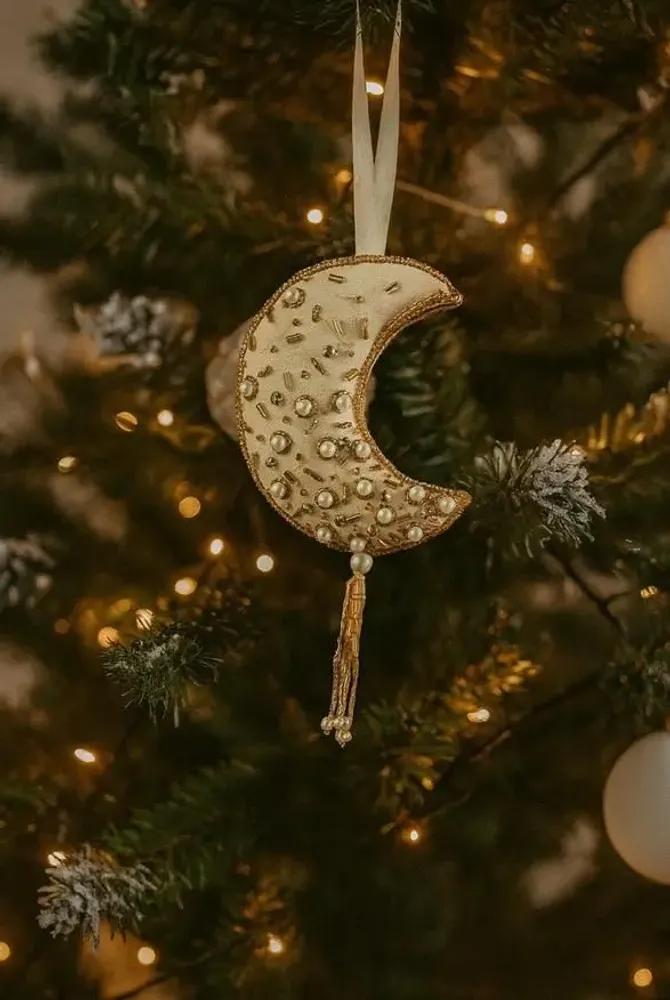 Christmas garlands and baubles - Sparkling handcrafted gold christmas crescent moon ornament - I WAS A SARI