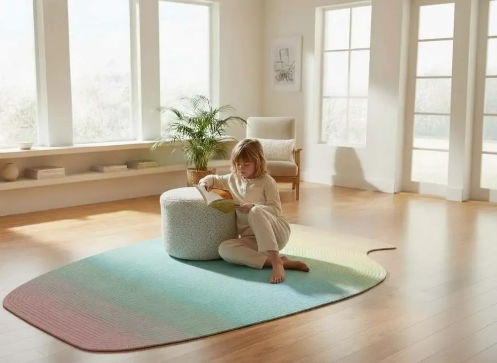 Contemporary carpets - Contemporary Hand Woven Matka Wool Area Rug - "Vessel -Pastel Rainbow" - NUZRAT CARPET EMPORIOUM