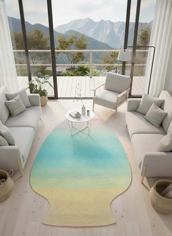 Contemporary carpets - Contemporary Hand Woven Matka Wool Area Rug - "Vessel -Pastel Rainbow" - NUZRAT CARPET EMPORIOUM