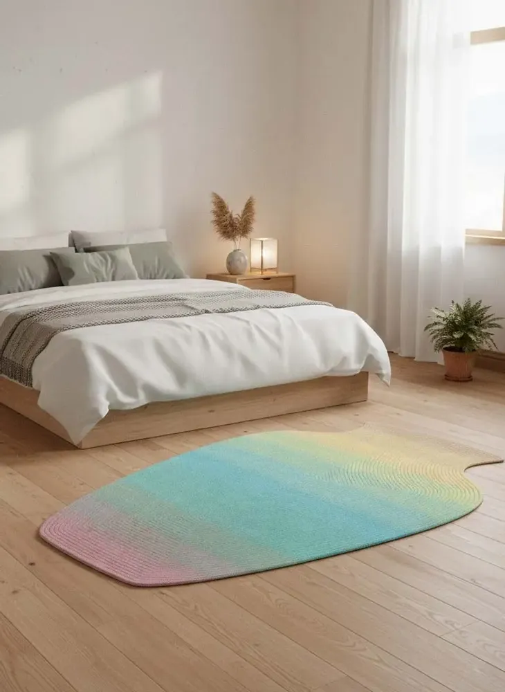 Contemporary carpets - Contemporary Hand Woven Matka Wool Area Rug - "Vessel -Pastel Rainbow" - NUZRAT CARPET EMPORIOUM