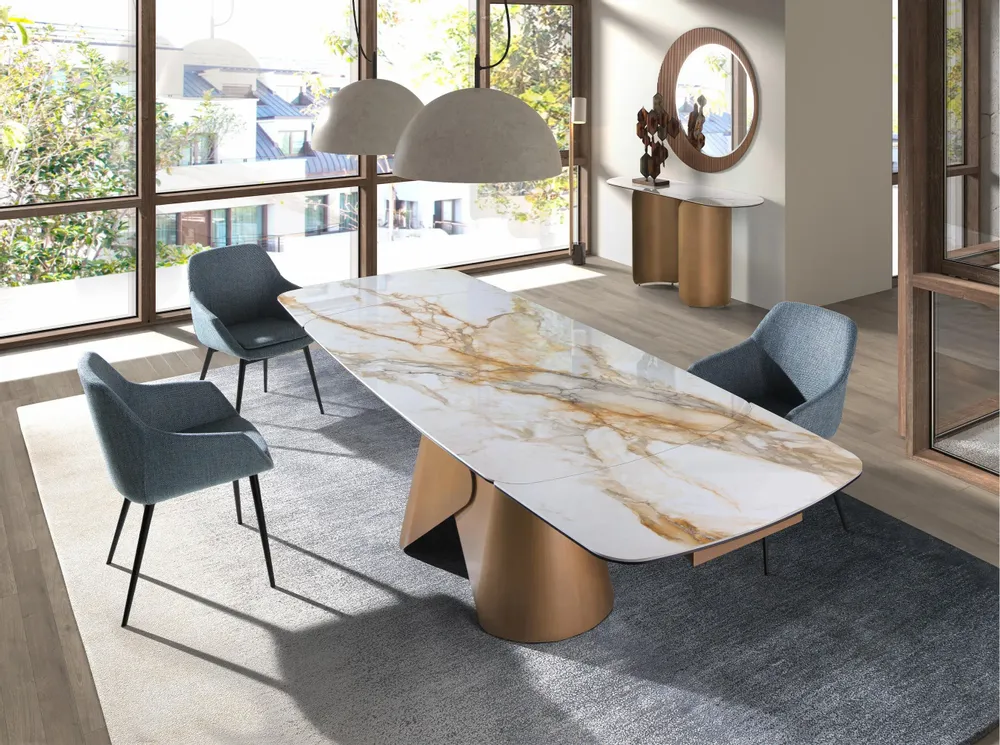 Console table - Oval half-round console table in porcelain marble and bronze-coloured - ANGEL CERDÁ