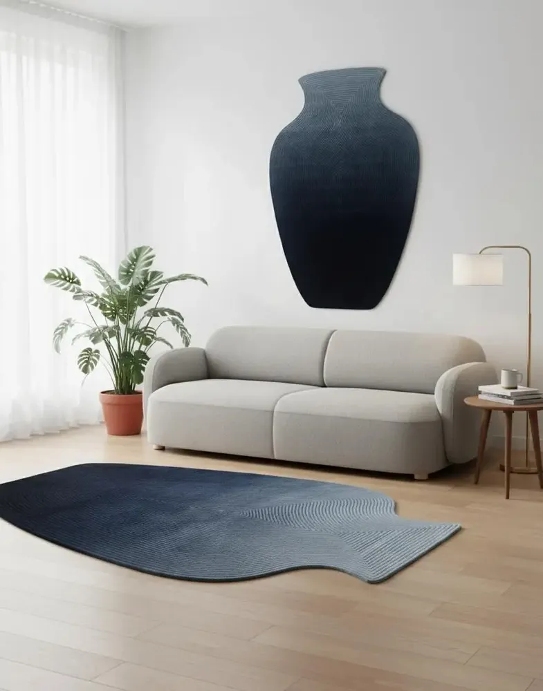 Contemporary carpets - Contemporary Hand Woven Matka Wool Area Rug - "Vessel - Midnight Blue" - NUZRAT CARPET EMPORIOUM