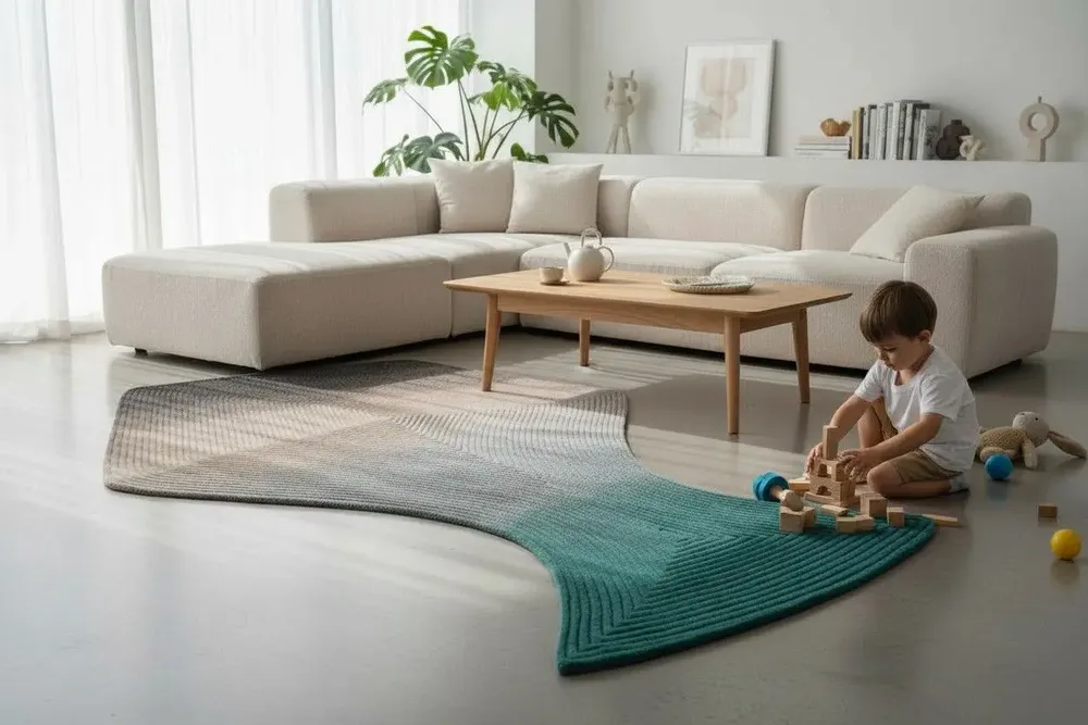 Contemporary carpets - Contemporary Hand Woven Matka Wool Area Rug - "Noora - Driftwood Teal" - NUZRAT CARPET EMPORIOUM