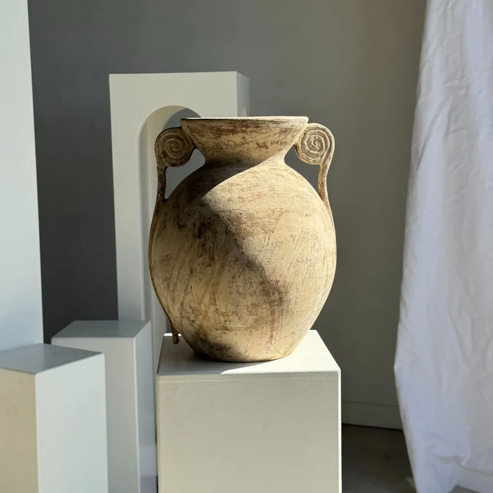 Decorative objects - Large cream vase with double spiral handles in antique style in terrac - OFFICE OBJETS