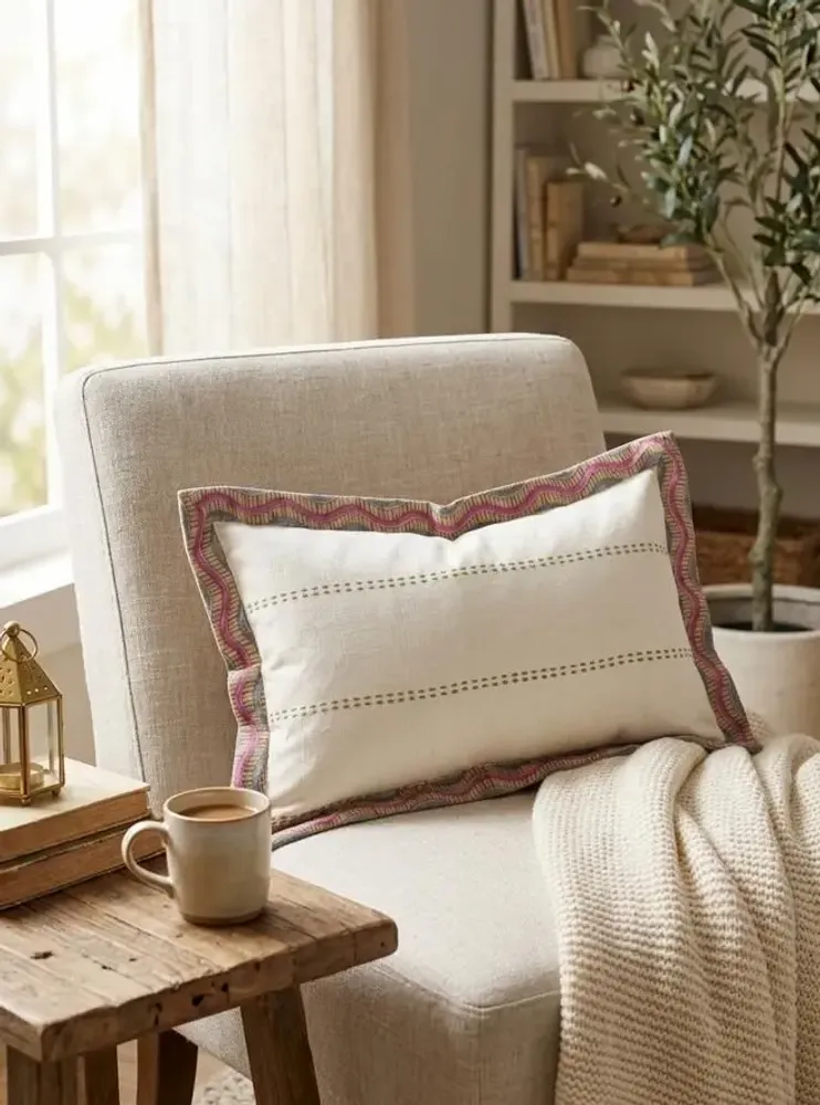 Homewear - Handcrafted upcycled sari edging lumbar cotton cushion cover 30×50 cm - I WAS A SARI