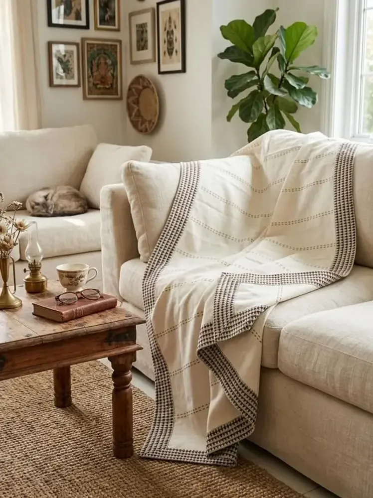 Homewear - Handcrafted cotton sofa throw from pre-loved saris - I WAS A SARI