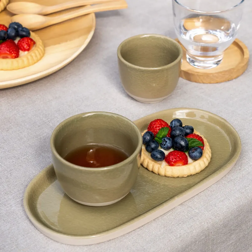 Plats et saladiers - Plateau ellipse en grès craquelé/verre glacé - KINTA