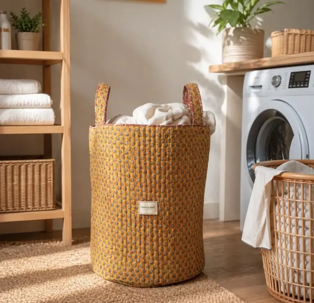 Homewear - Quilted handcrafted laundry basket from pre-loved saris - I WAS A SARI