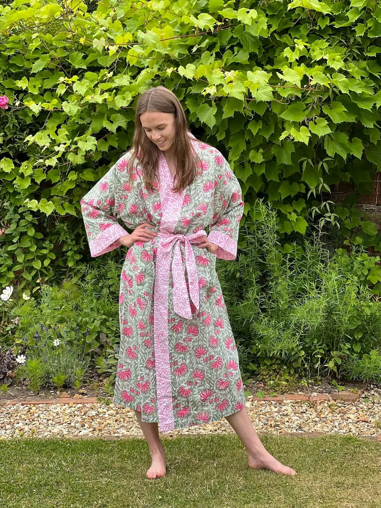 Vêtements de nuit - Kimono long en coton - Jaipur vert et rose - LIME TREE DESIGN