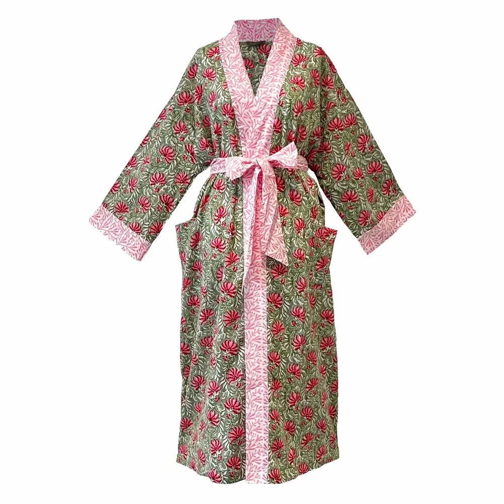 Vêtements de nuit - Kimono long en coton - Jaipur vert et rose - LIME TREE DESIGN