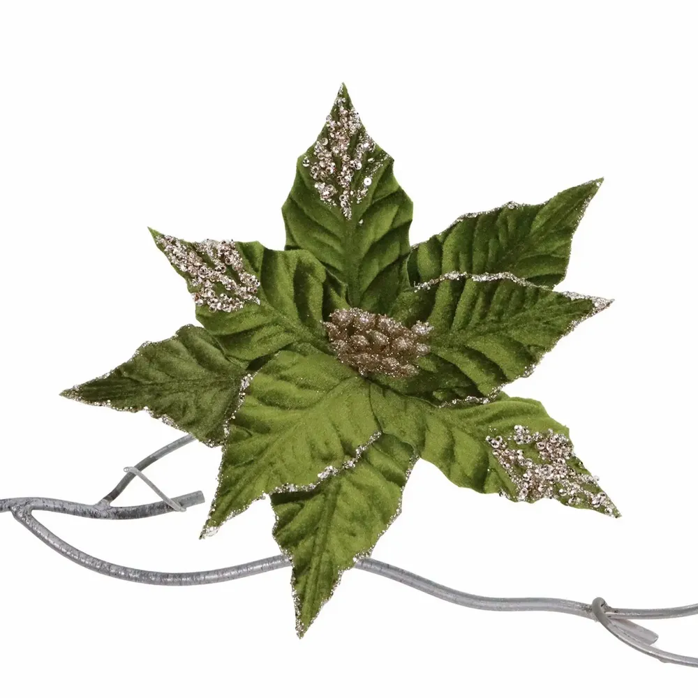 Floral decoration - FABR.SEQ.POINSETTIA ON CLIP OLIVE GRN/GLD 25CM - GOODWILL M&G