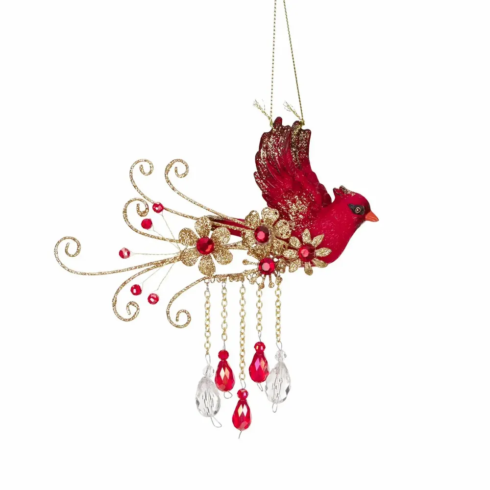 Autres décorations de Noël - MET.JEWEL BIRD W/DANGLES ORN GLD/RD 16CM - GOODWILL M&G