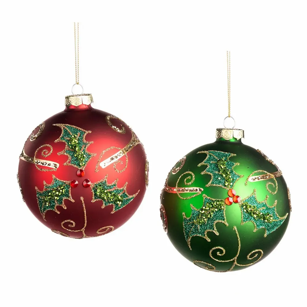 Autres décorations de Noël - GLSS SEQ.JEWEL HOLLY/BERRY BALL ASS/2 RD/GRN 10CM - GOODWILL M&G