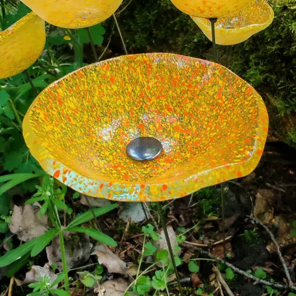 Décorations florales - Fleur de calebasse en verre de taille moyenne pour extérieur de couleur transparente, orange, jaune avec tige en acier inoxydable de 43 cm. - CARNEOL GLASS