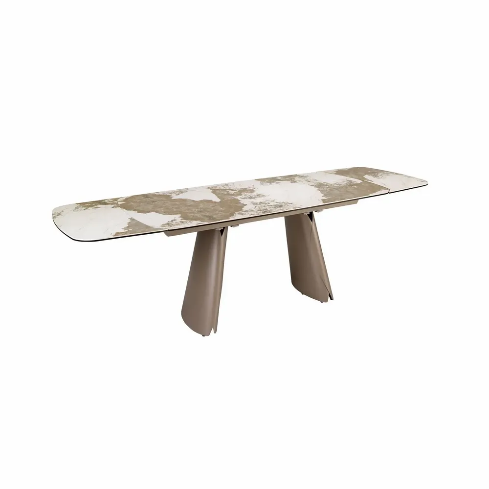 Dining Tables - Extendable barrel-shaped oval dining table in porcelain marble and metallic taupe steel - ANGEL CERDÁ