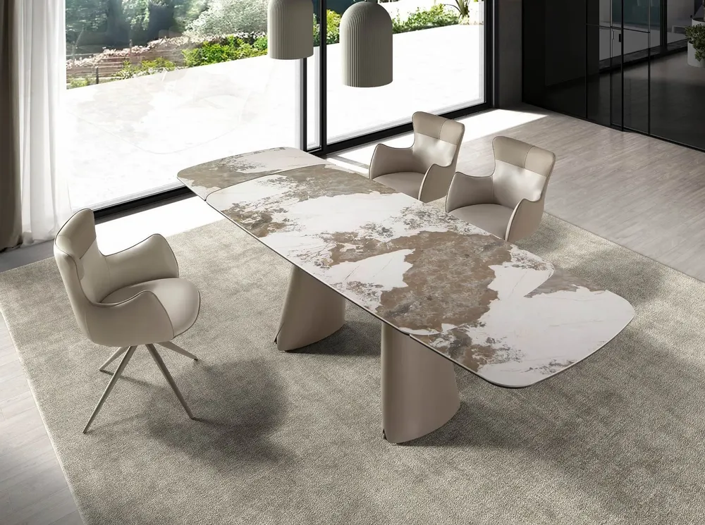 Dining Tables - Extendable barrel-shaped oval dining table in porcelain marble and metallic taupe steel - ANGEL CERDÁ