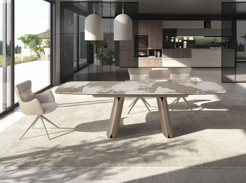 Dining Tables - Extendable barrel-shaped oval dining table in porcelain marble and metallic taupe steel - ANGEL CERDÁ