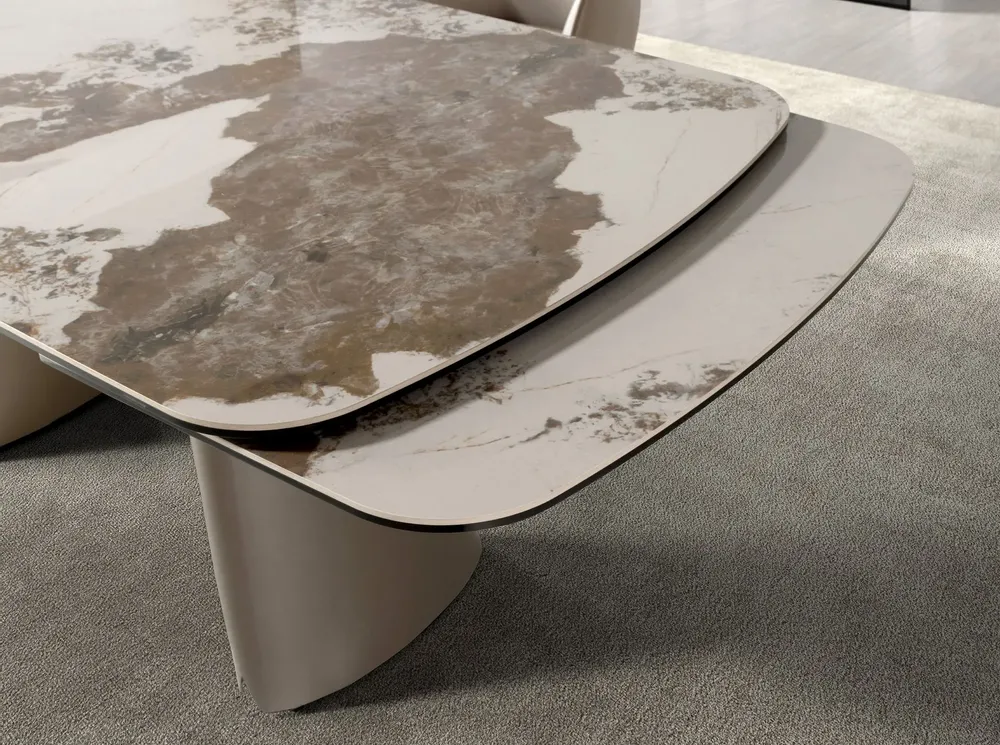 Dining Tables - Extendable barrel-shaped oval dining table in porcelain marble and metallic taupe steel - ANGEL CERDÁ