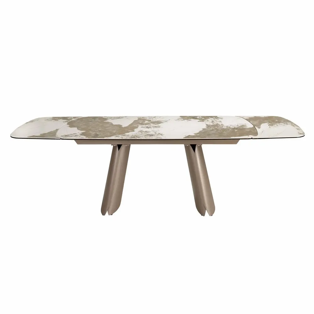 Dining Tables - Extendable barrel-shaped oval dining table in porcelain marble and metallic taupe steel - ANGEL CERDÁ