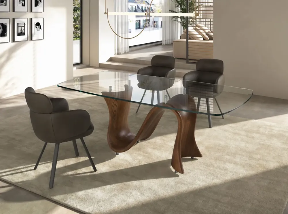 Tables Salle à Manger - Table à manger ovale en forme de tonneau en verre trempé et noyer - ANGEL CERDÁ