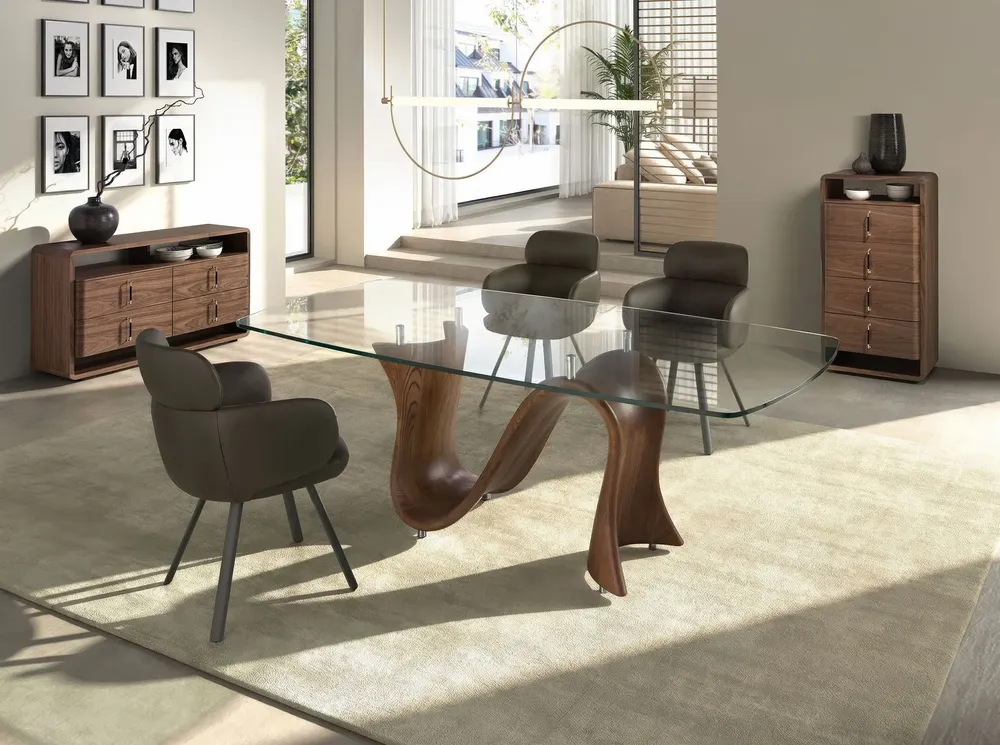 Tables Salle à Manger - Table à manger ovale en forme de tonneau en verre trempé et noyer - ANGEL CERDÁ