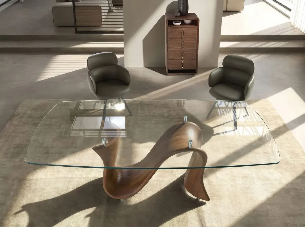 Tables Salle à Manger - Table à manger ovale en forme de tonneau en verre trempé et noyer - ANGEL CERDÁ