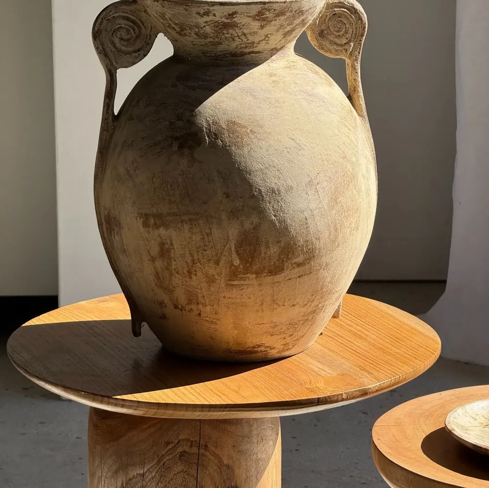 Other tables - Solid teak side table with circular top with column base H51.5 D - OFFICE OBJETS