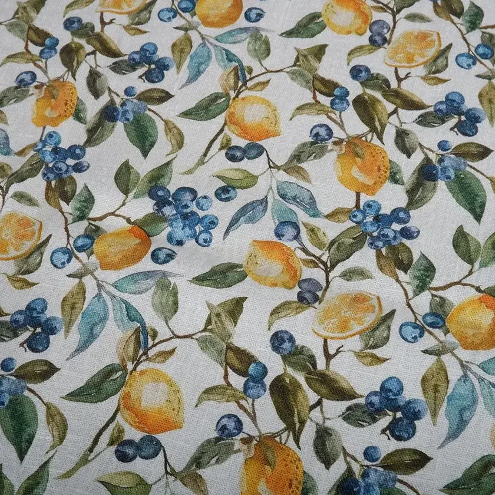 Table linen - Round Tablecloth with Floral Print – 100% Linen - Lemon & Blueberry - NORRAVILLA