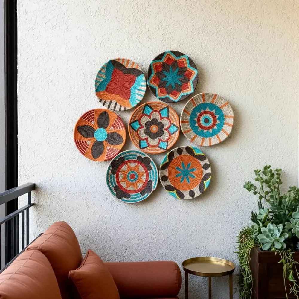 Other wall decoration - Bloom & Rhythm: Set of 6 Handmade Wicker Wall Plates (20cm) - SARMAL DESIGN