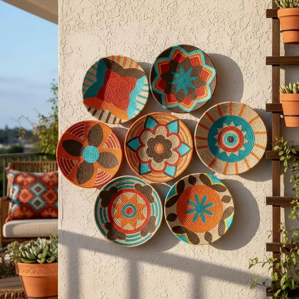 Other wall decoration - Bloom & Rhythm: Set of 6 Handmade Wicker Wall Plates (20cm) - SARMAL DESIGN